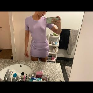 Purple short sleeve tshirt dress with ruching and drawstrings!